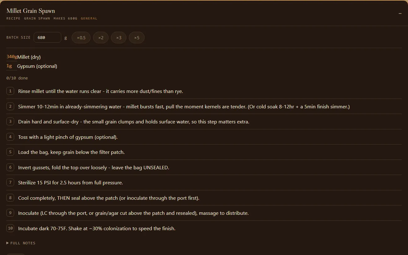 SporeDesk recipe library screen